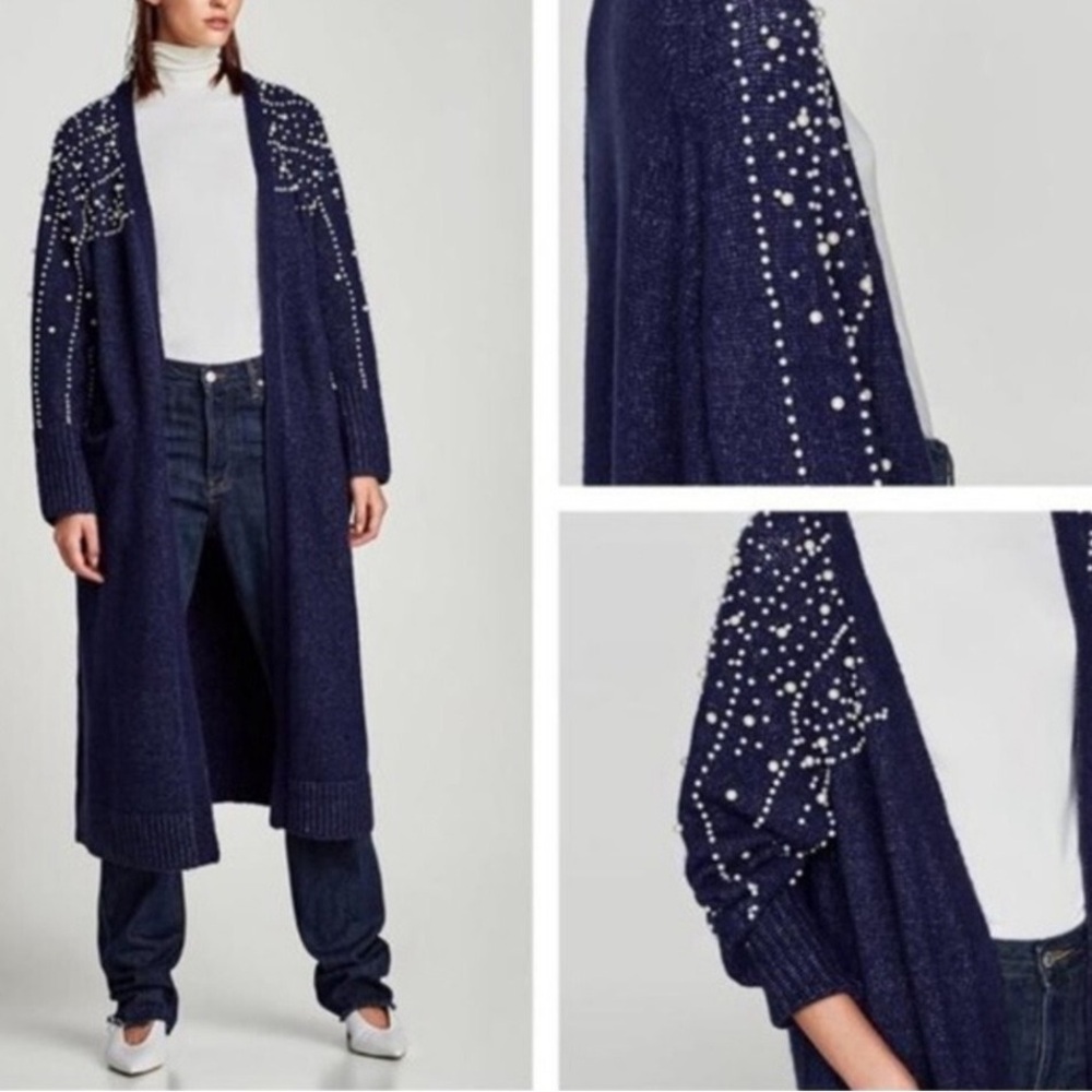 Zara Knit Pearl Embellished Long Cardigan – Navy | Size M